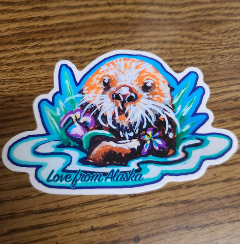 Sea Otter and Wild Iris Medium Vinyl Sticker