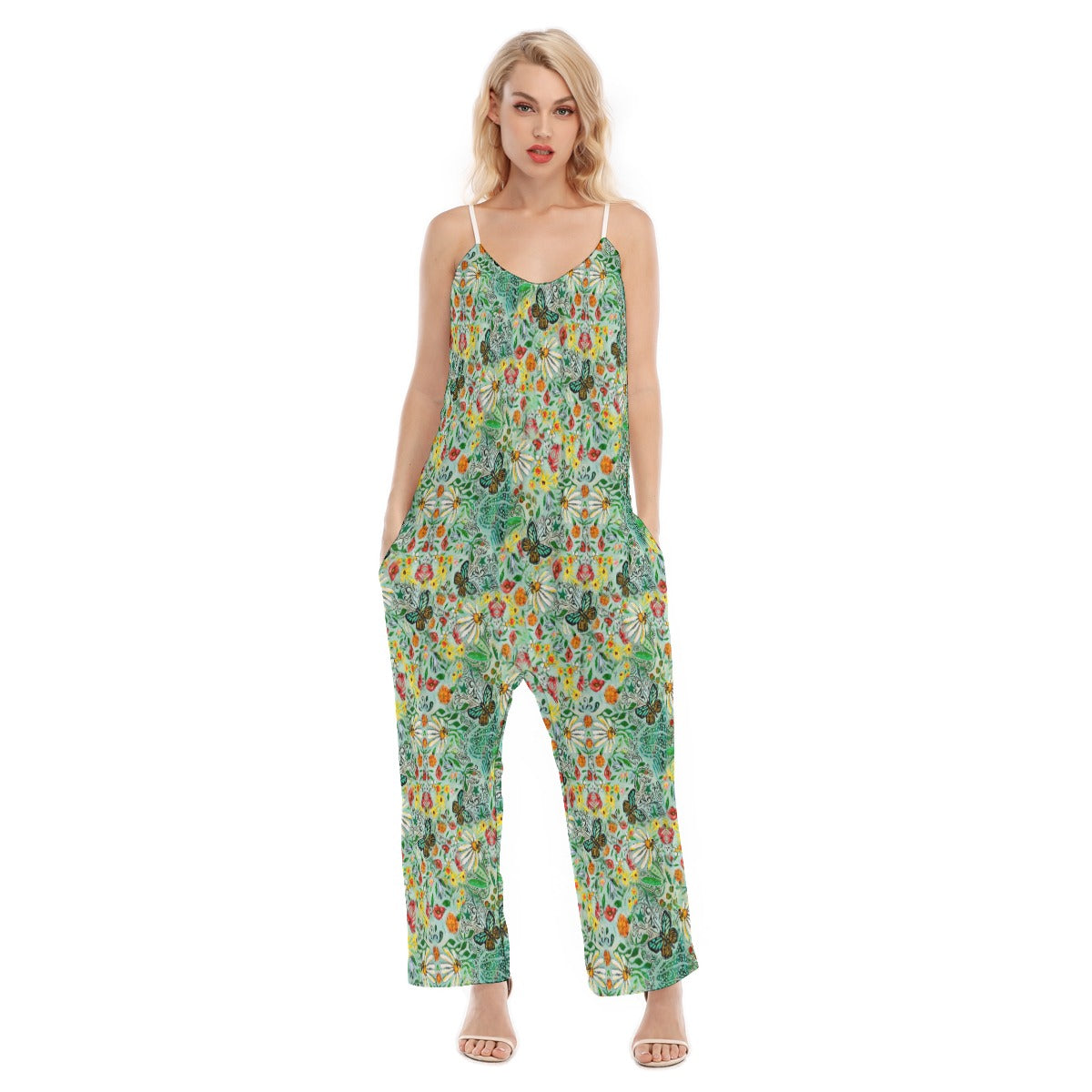 In Stock Woman's Baggy Overall- Yellow Wildflower and Butterfly