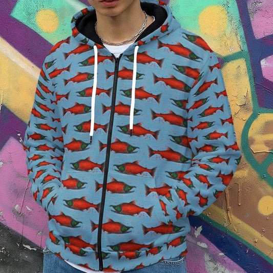 Red Salmon on Blue Zip Up Hoodie