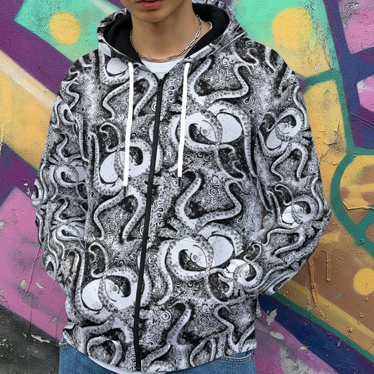 Black and White Octopus Zip Up Hoodie
