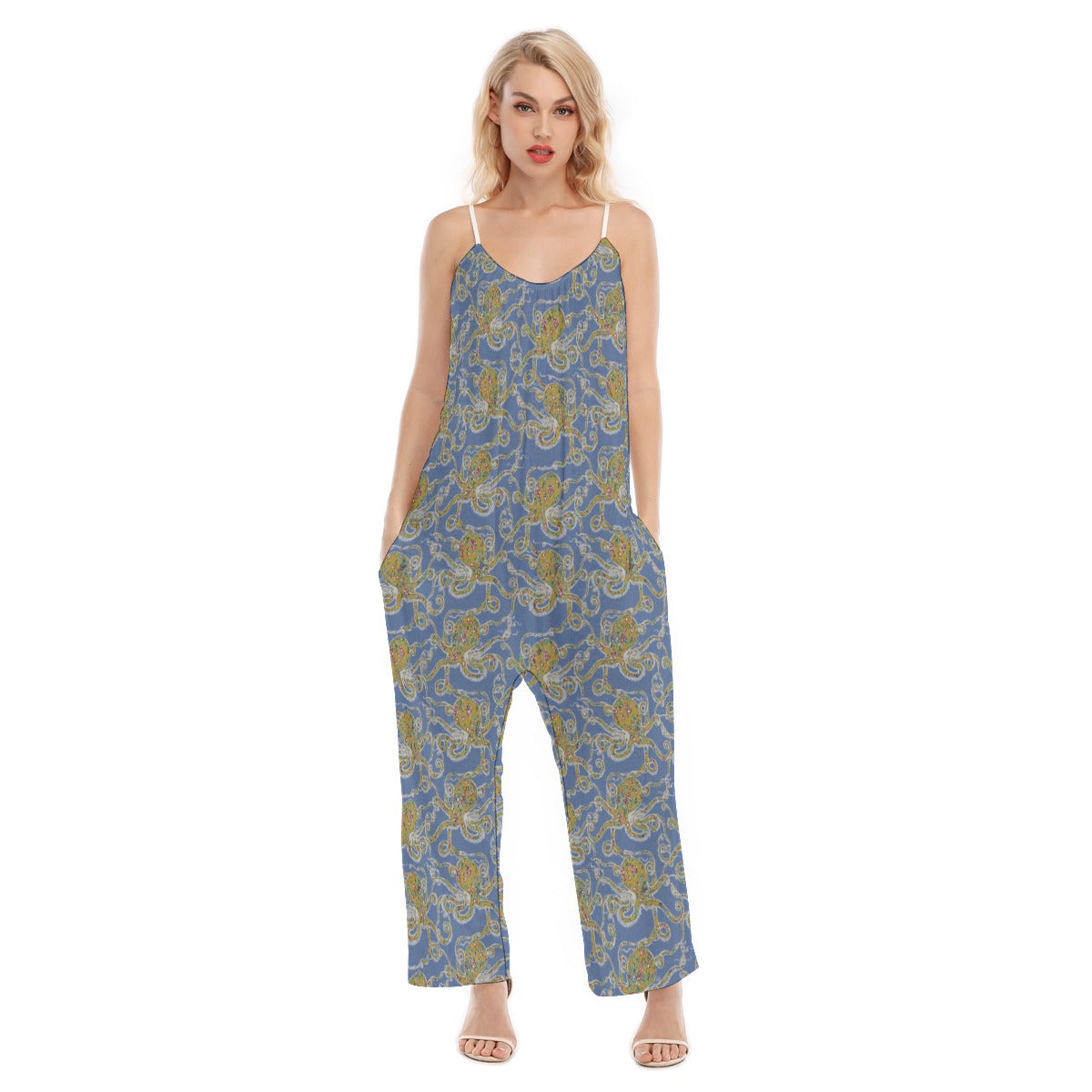 In Stock Woman's Baggy Overall- Blue Floral Octopus