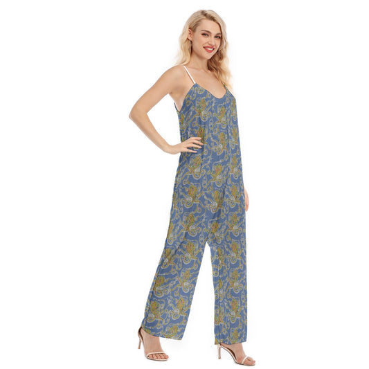 In Stock Woman's Baggy Overall- Blue Floral Octopus
