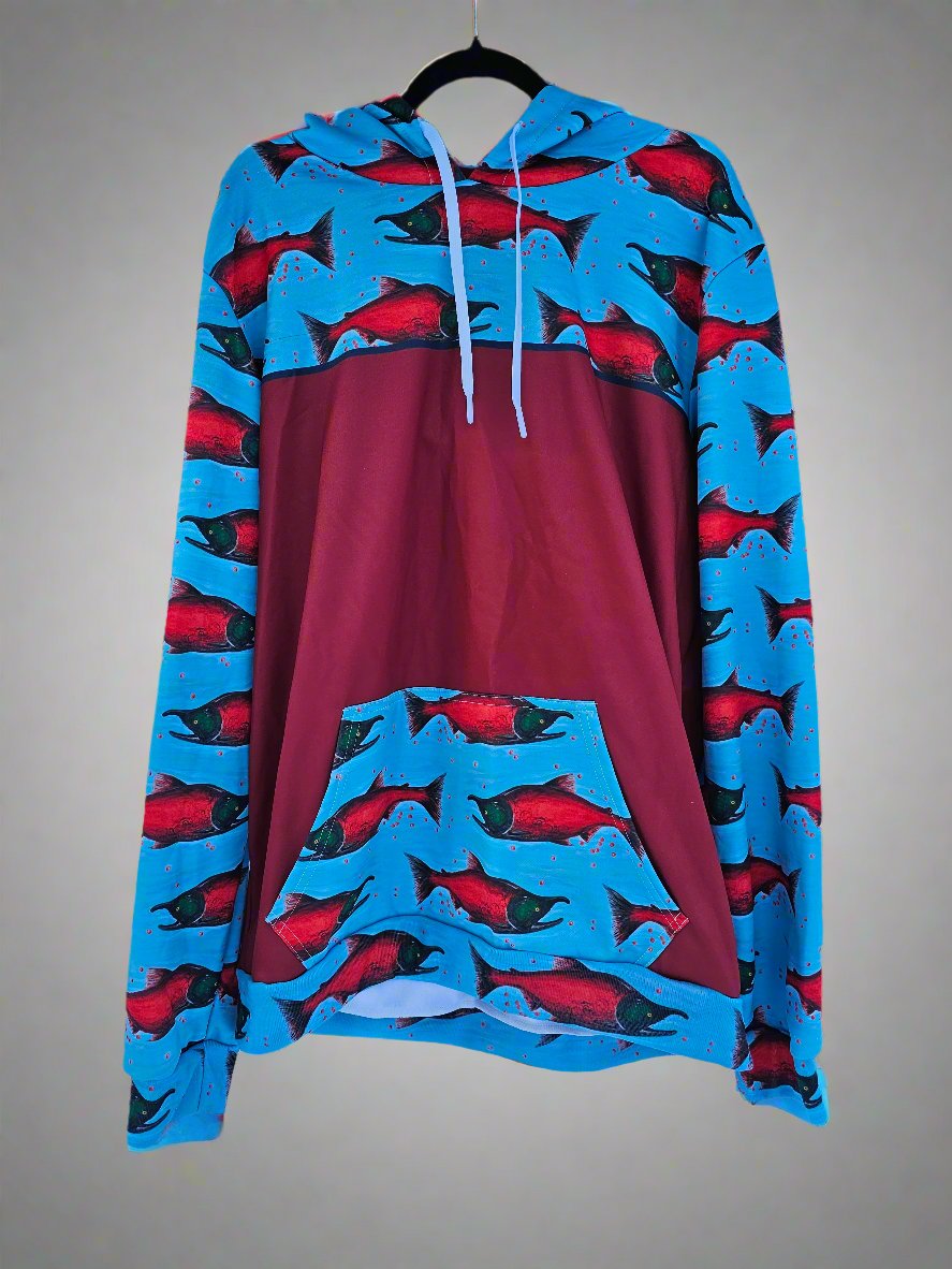 Discontinued Salmon Red Color Block Tech Fleece Pullover Hoodie- In stock
