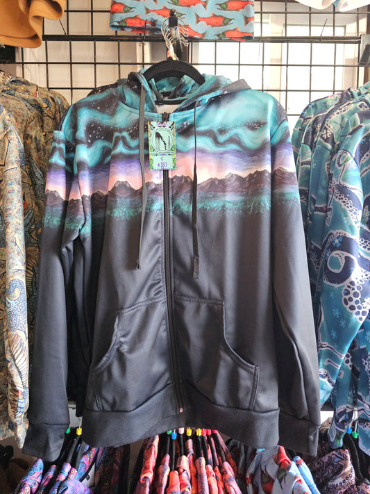 USA Made- Mountains and Northern Lights Zip Hoodie Medium