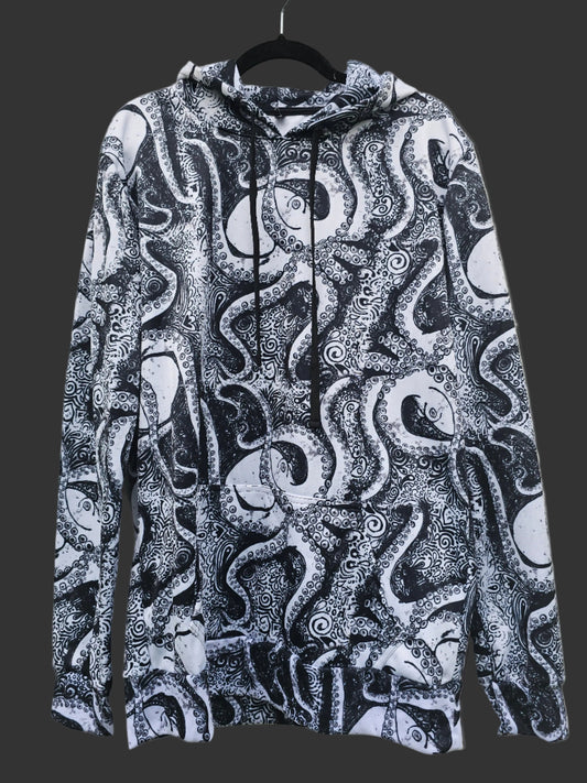 USA Made Black and White Octopus Extra Long Pullover Hoodie
