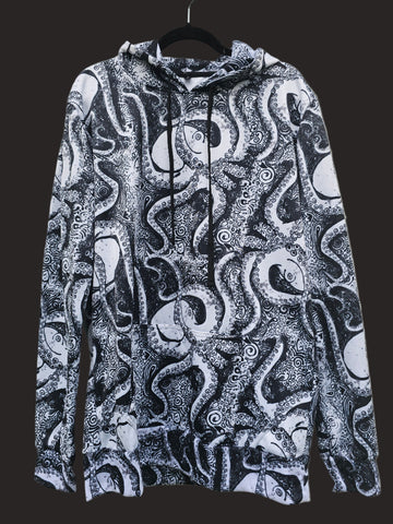 Black and White Octopus Extra Long Pullover Hoodie