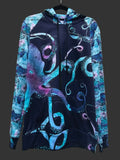 Colorful octopus-patterned sweatshirt hanging on a rack against a neutral background