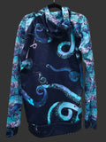 Navy blue and teal octopus hoodie bag on a white background