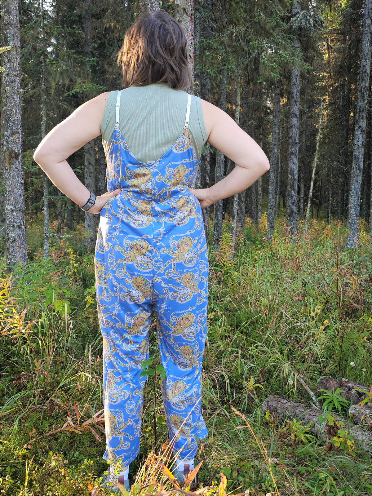 Pre Order Woman's Baggy Overall- Blue Floral Octopus