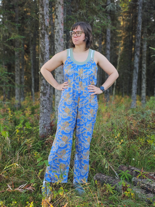 In Stock Woman's Baggy Overall- Blue Floral Octopus