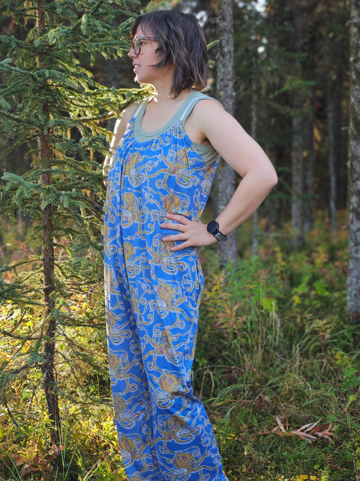Pre Order Woman's Baggy Overall- Blue Floral Octopus