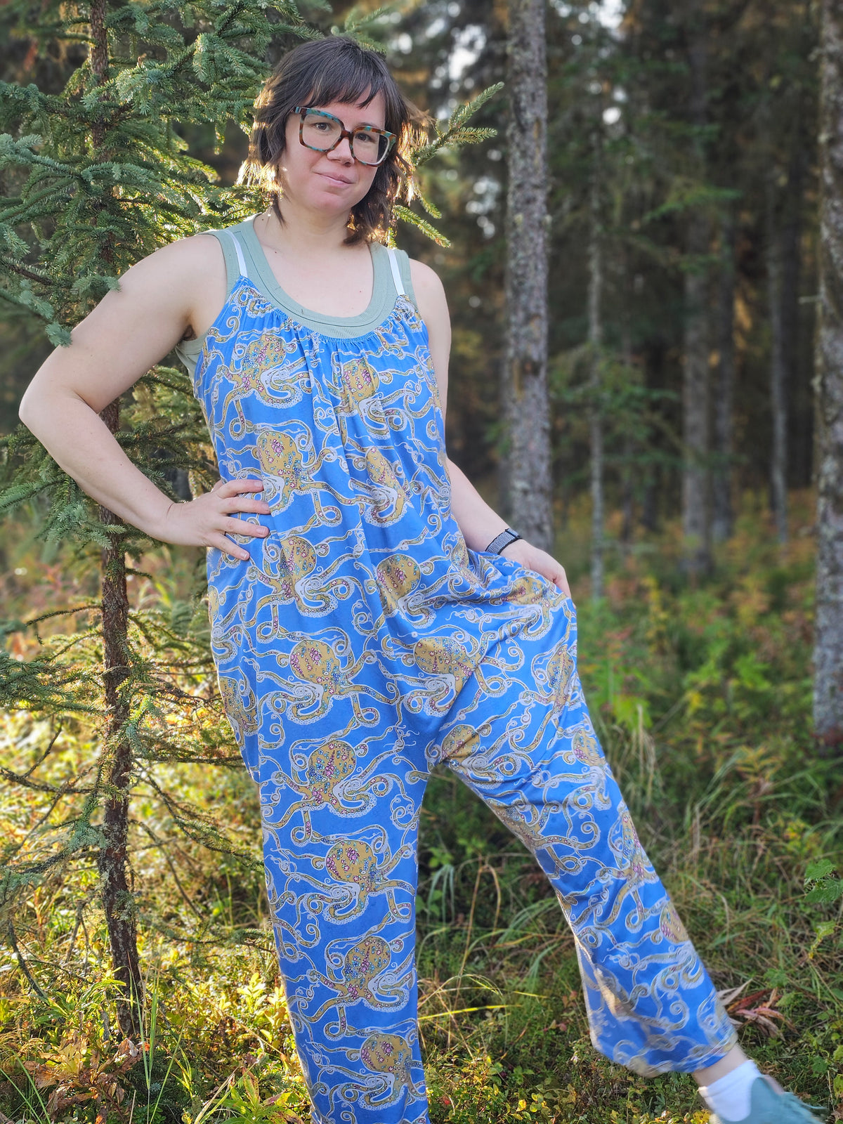 Pre Order Woman's Baggy Overall- Blue Floral Octopus