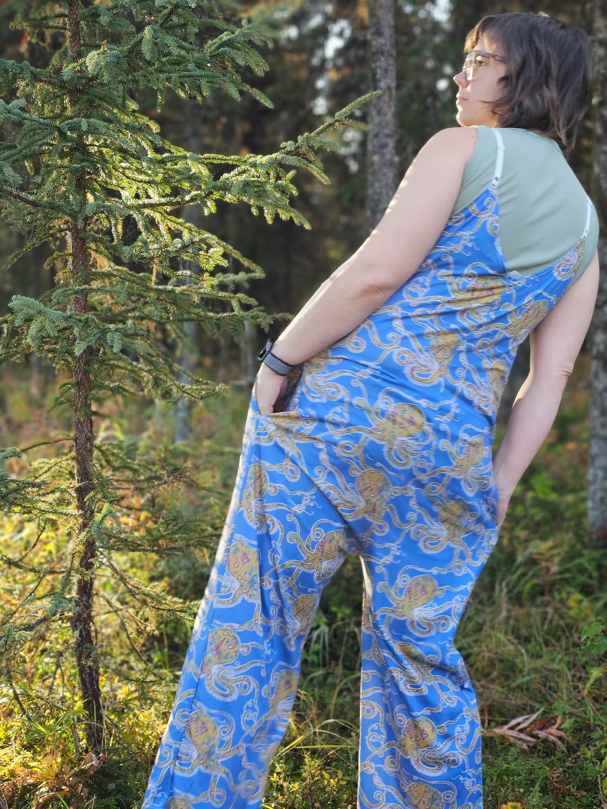 Pre Order Woman's Baggy Overall- Blue Floral Octopus