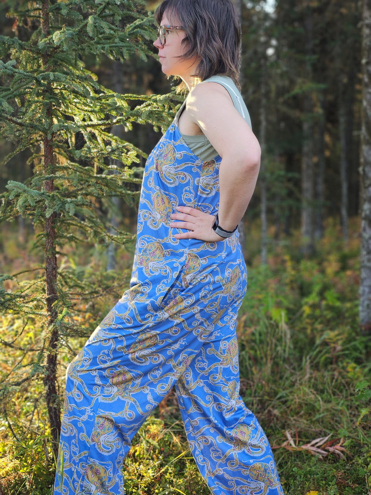 Pre Order Woman's Baggy Overall- Blue Floral Octopus