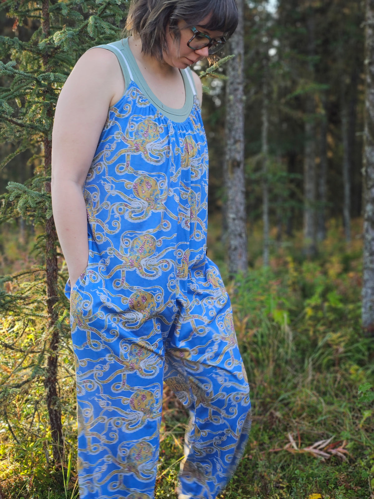 Pre Order Woman's Baggy Overall- Blue Floral Octopus