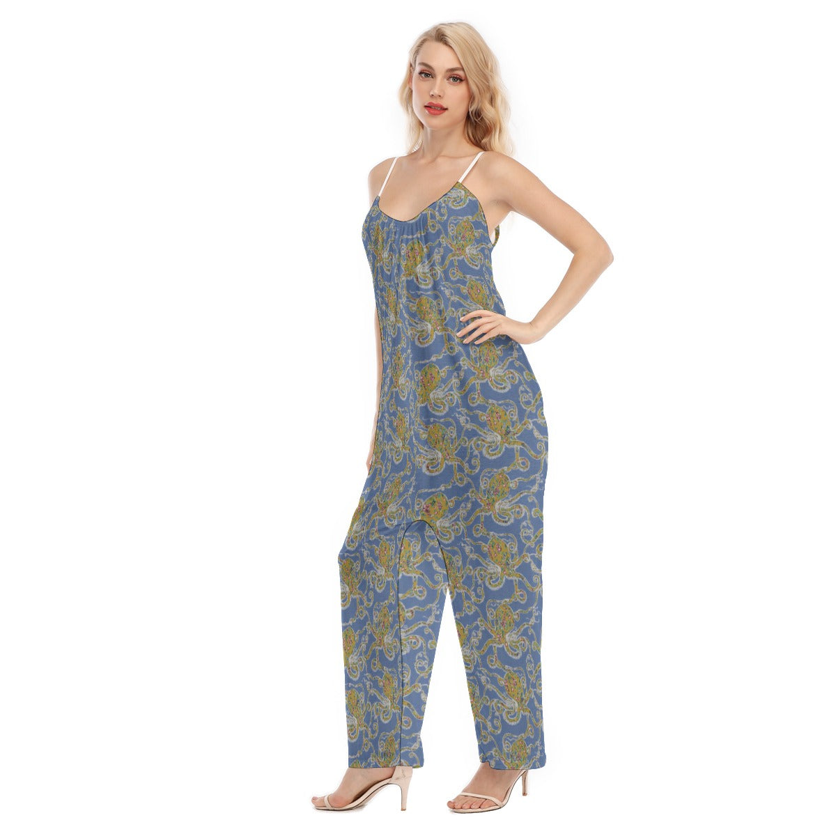 In Stock Woman's Baggy Overall- Blue Floral Octopus