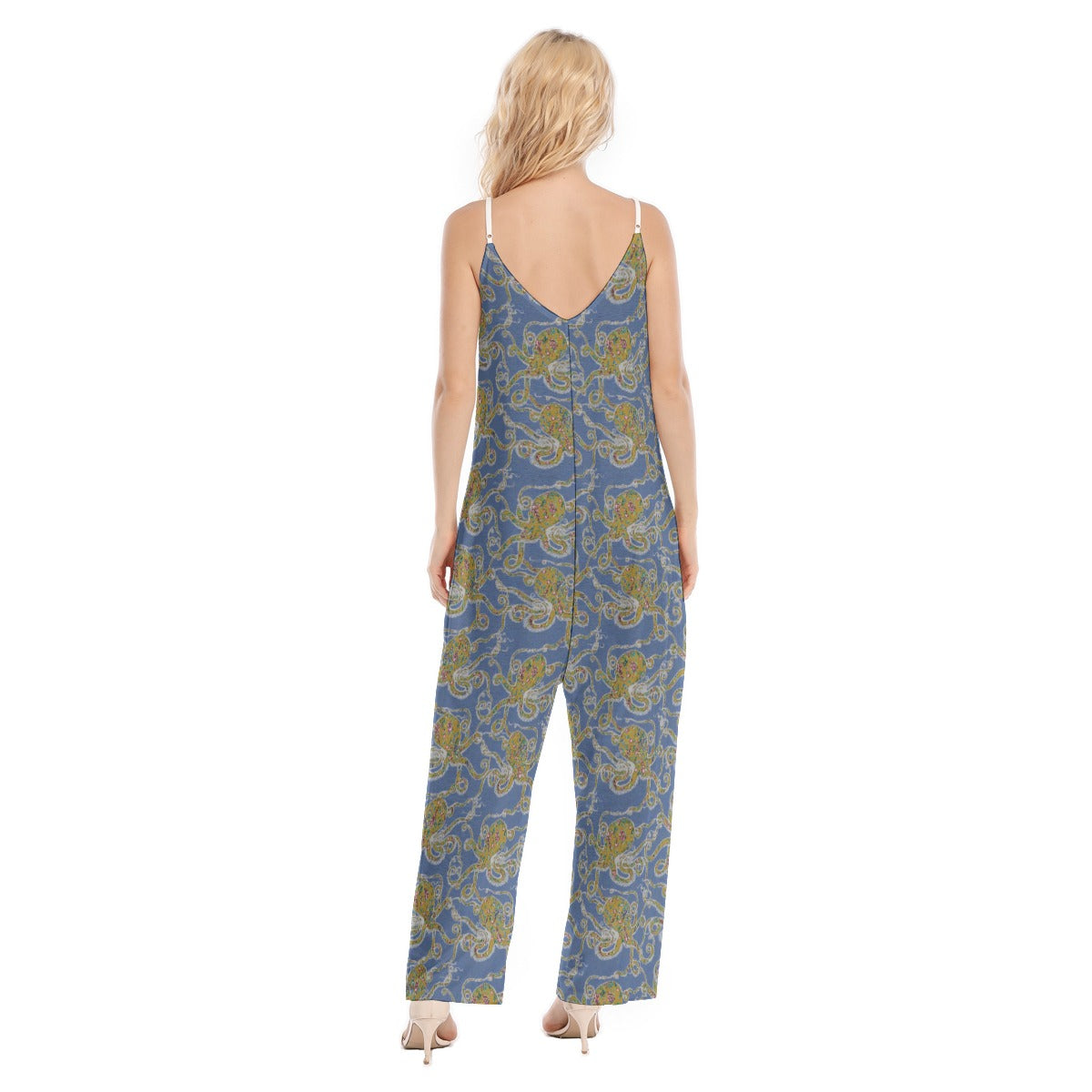 In Stock Woman's Baggy Overall- Blue Floral Octopus