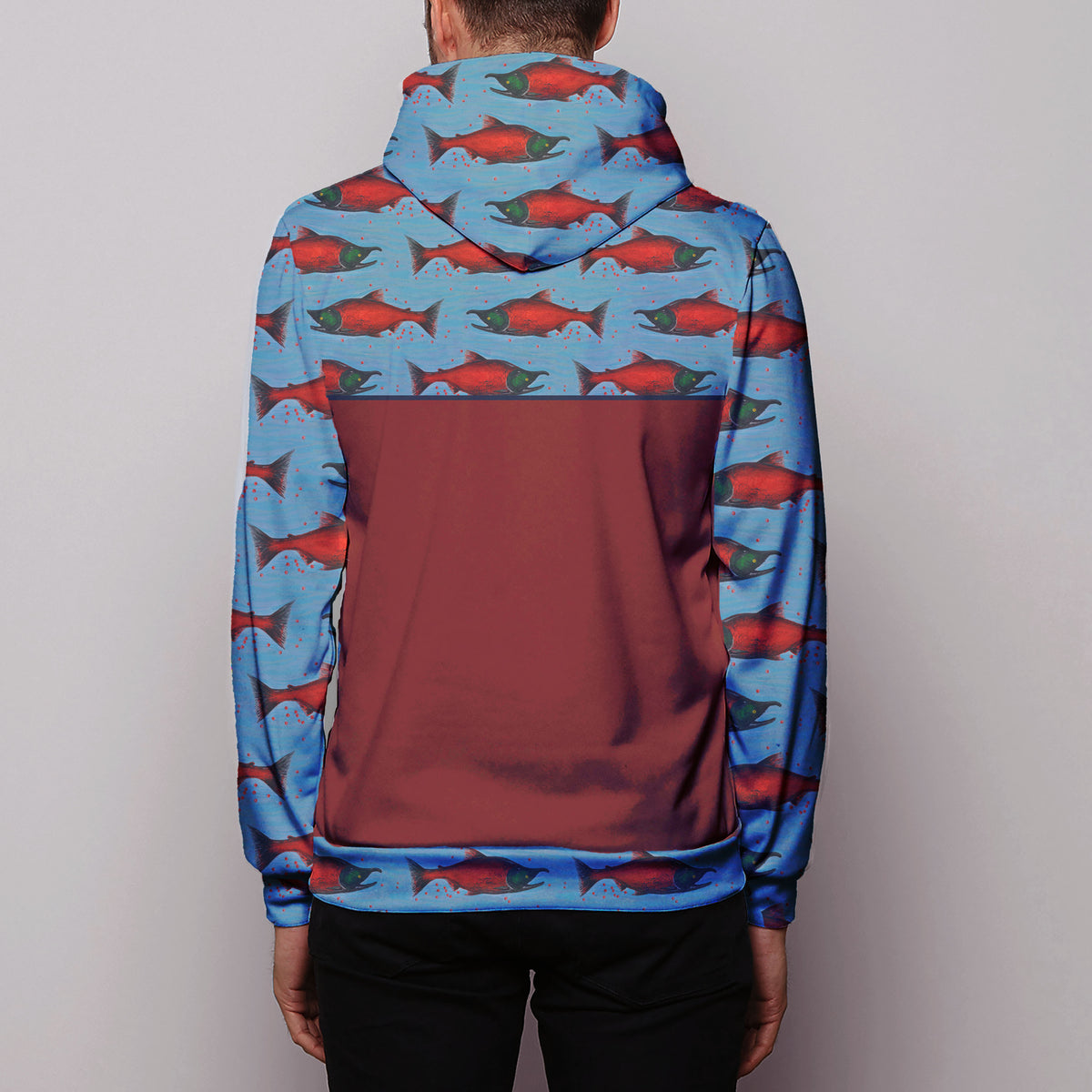 Discontinued Salmon Red Color Block Tech Fleece Pullover Hoodie- In stock