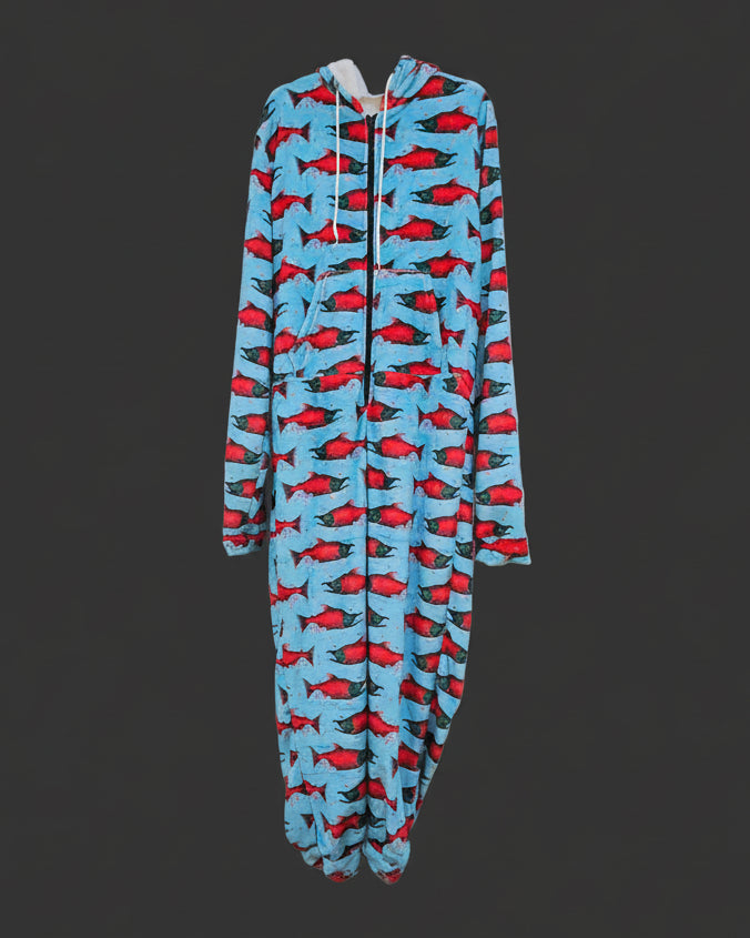 Red Salmon on Blue Plush Fuzzy Adult Onesie