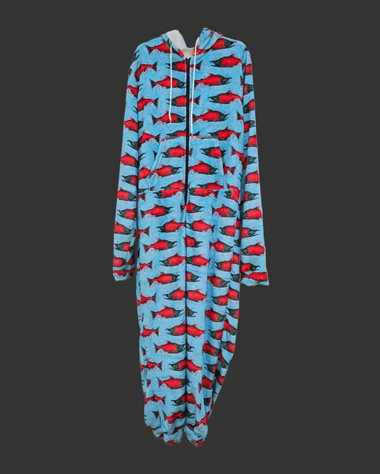 Red Salmon on Blue Plush Fuzzy Adult Onesie