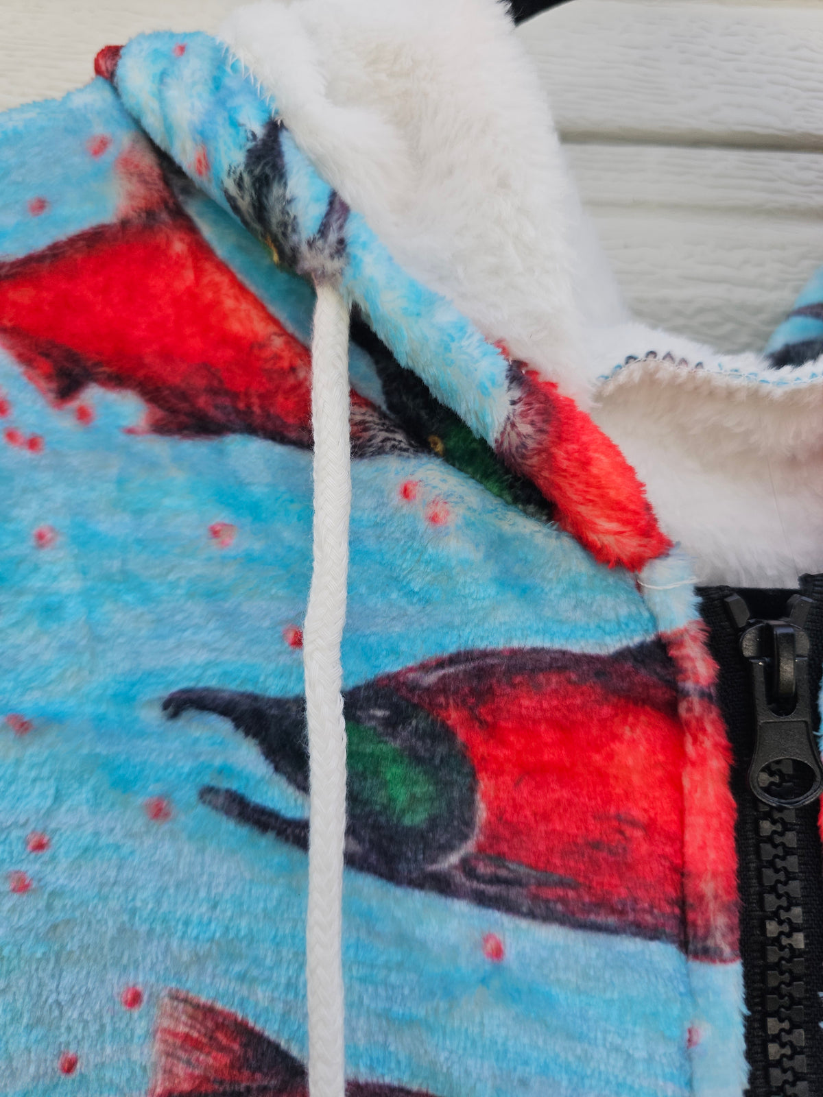 Red Salmon on Blue Plush Fuzzy Adult Onesie
