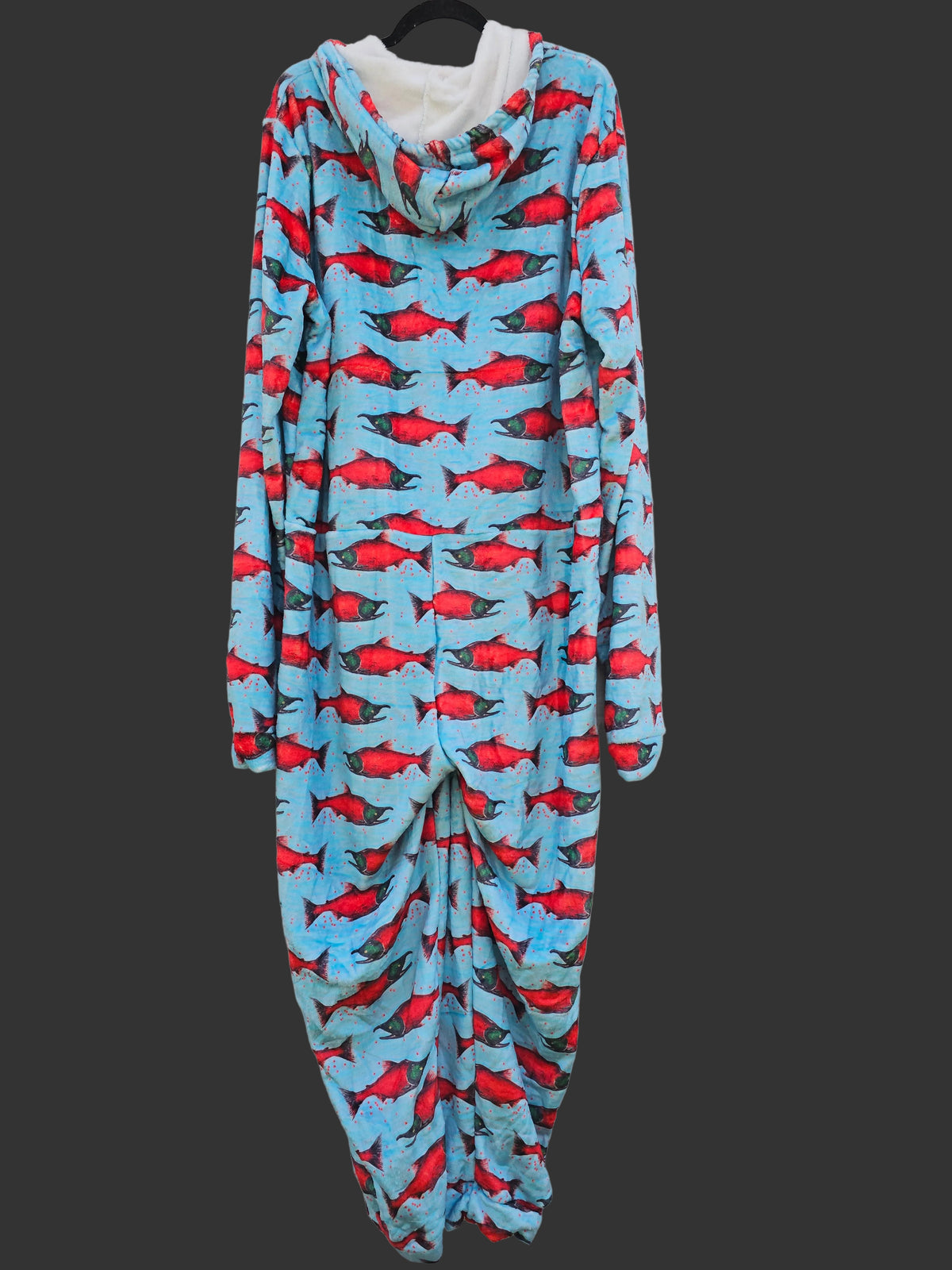 Red Salmon on Blue Plush Fuzzy Adult Onesie