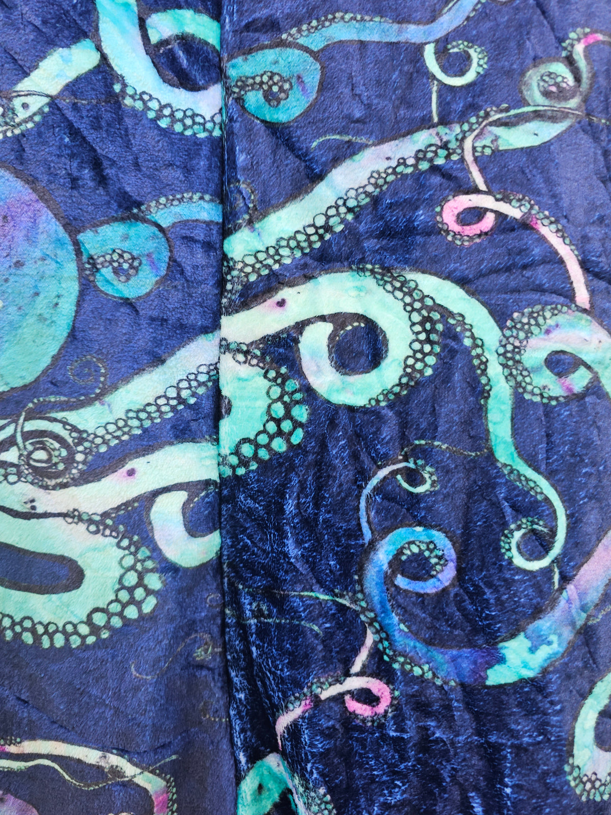 Turquoise Octopus on Blue Plush Fuzzy Adult Onesie (shorter torso)