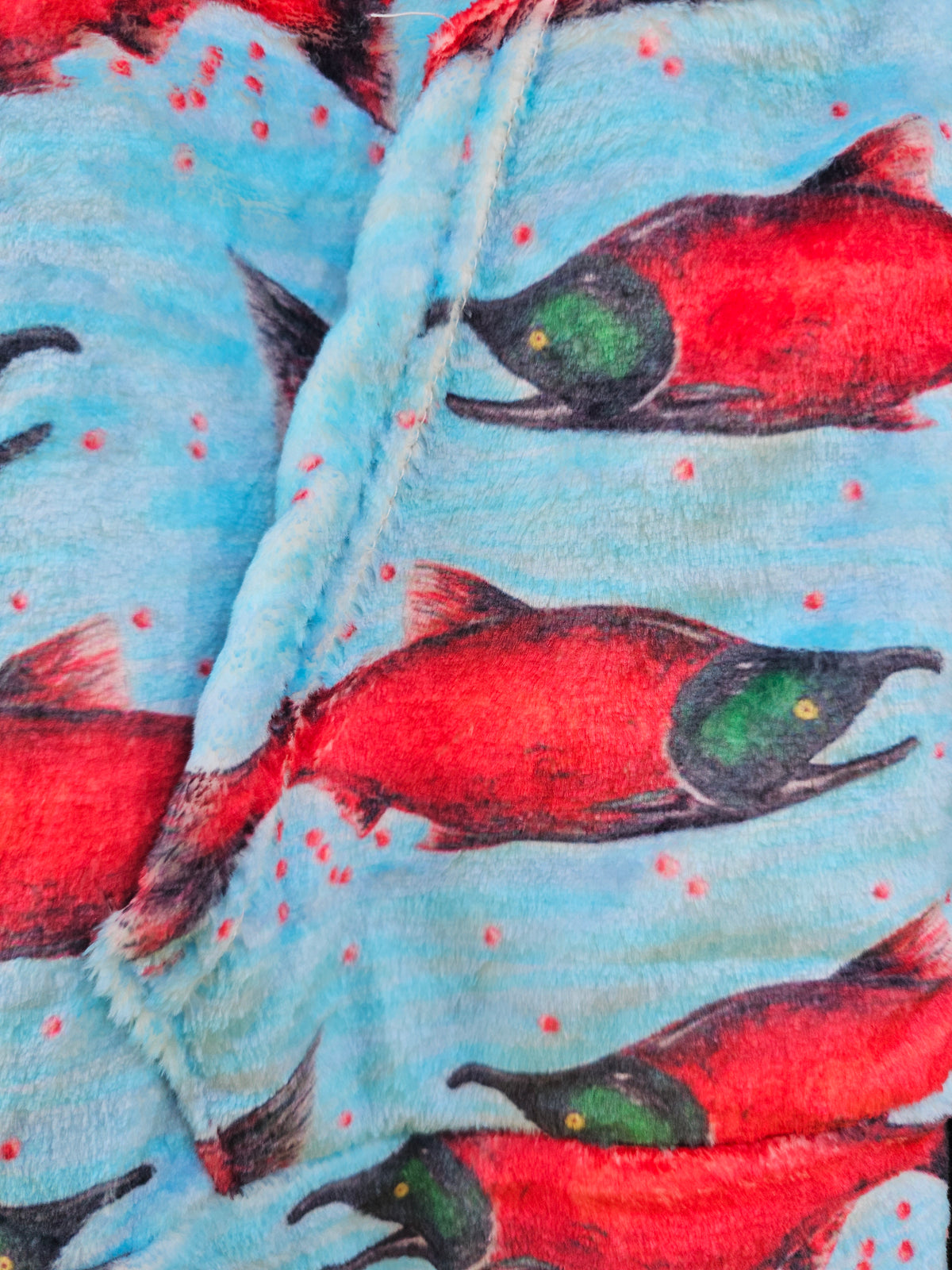 Red Salmon on Blue Plush Fuzzy Adult Onesie