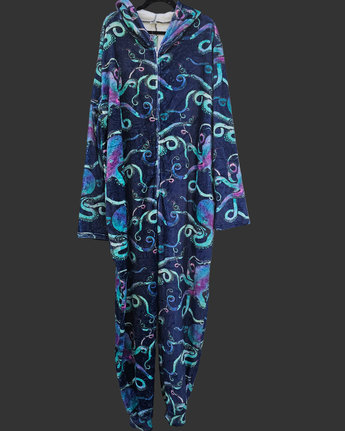 Turquoise Octopus on Blue Plush Fuzzy Adult Onesie (shorter torso)