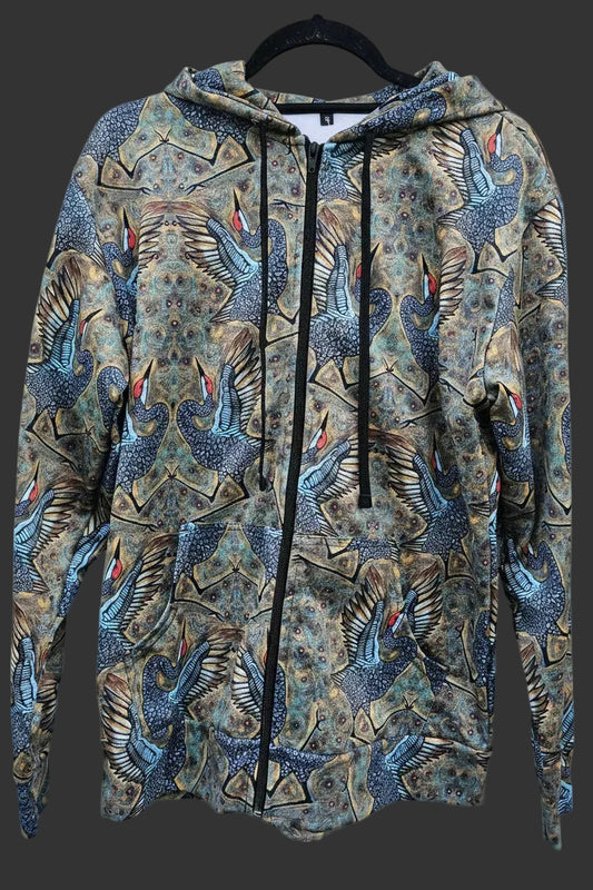 A long-sleeve zip-up hoodie with an all-over abstract print of sandhill cranes.