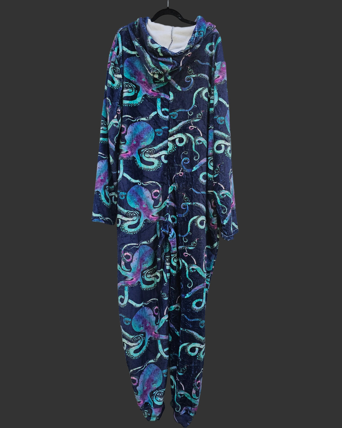 Turquoise Octopus on Blue Plush Fuzzy Adult Onesie (shorter torso)