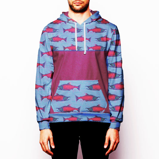 Discontinued Salmon Red Color Block Tech Fleece Pullover Hoodie- In stock