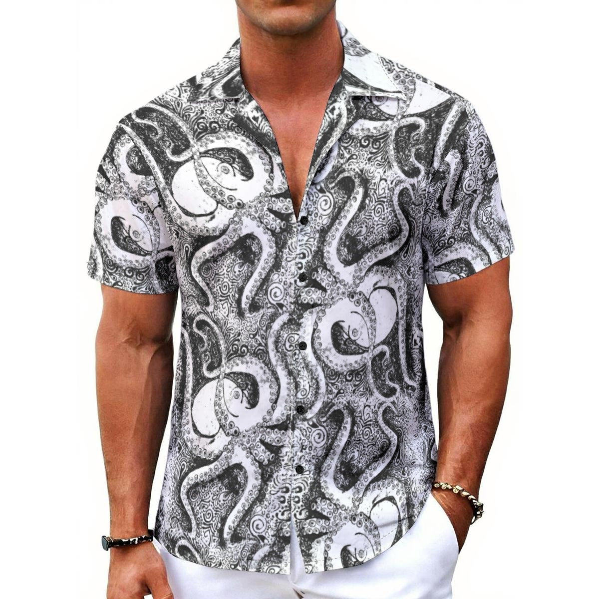 Black and White Octopus Hawaiian Button Up Collared Shirt- In Stock