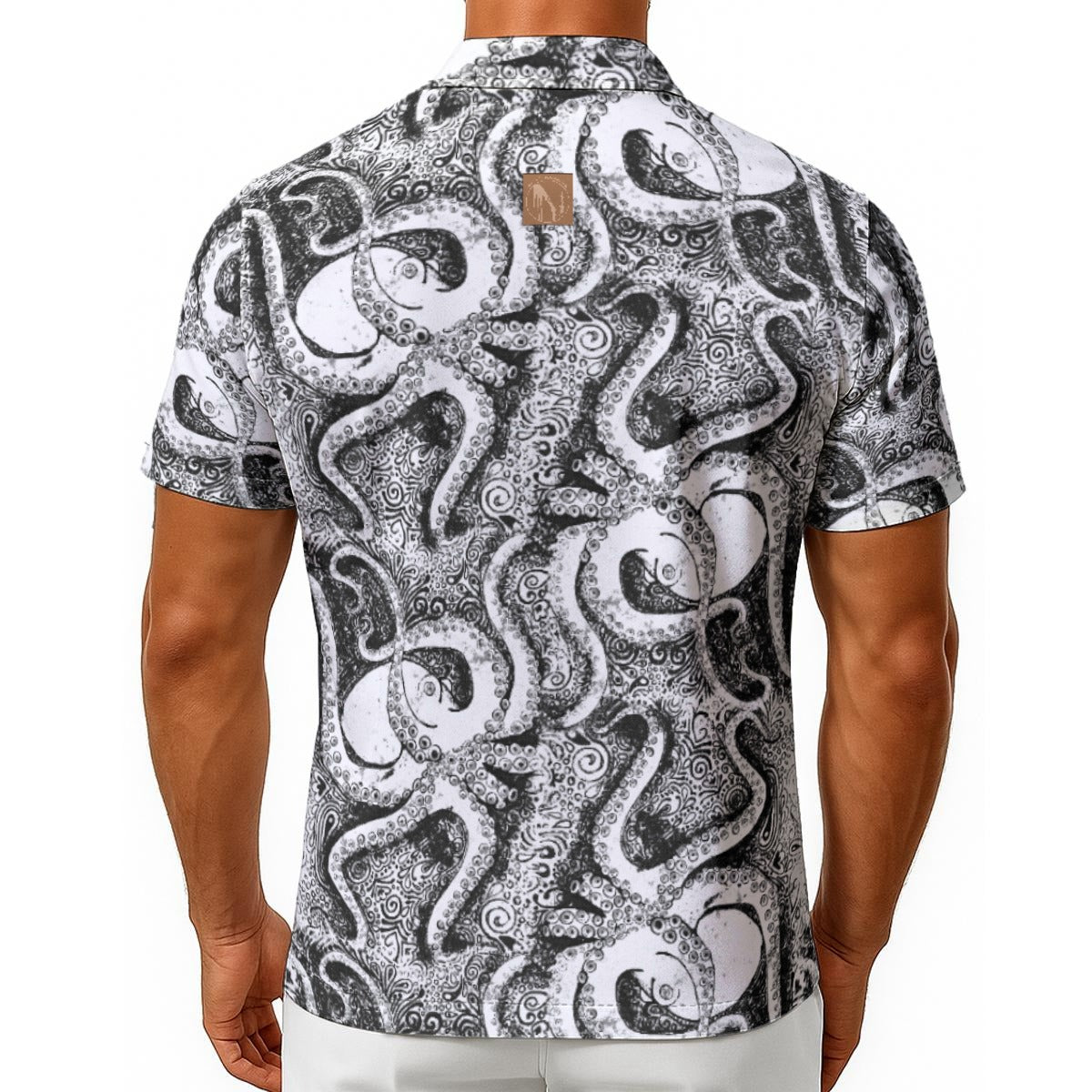 Black and White Octopus Hawaiian Button Up Collared Shirt- In Stock