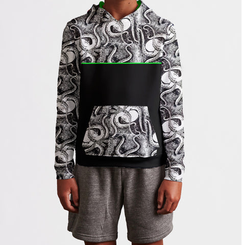 Black and White Octopus Color Block Kid's Hoodie with Neon Green Accent